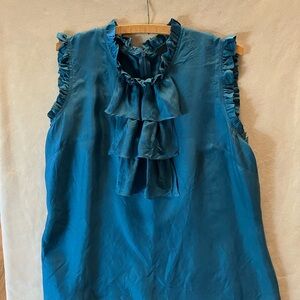 Cynthia Rowley Ruffled Blue Sleeveless Blouse 100% silk size XL